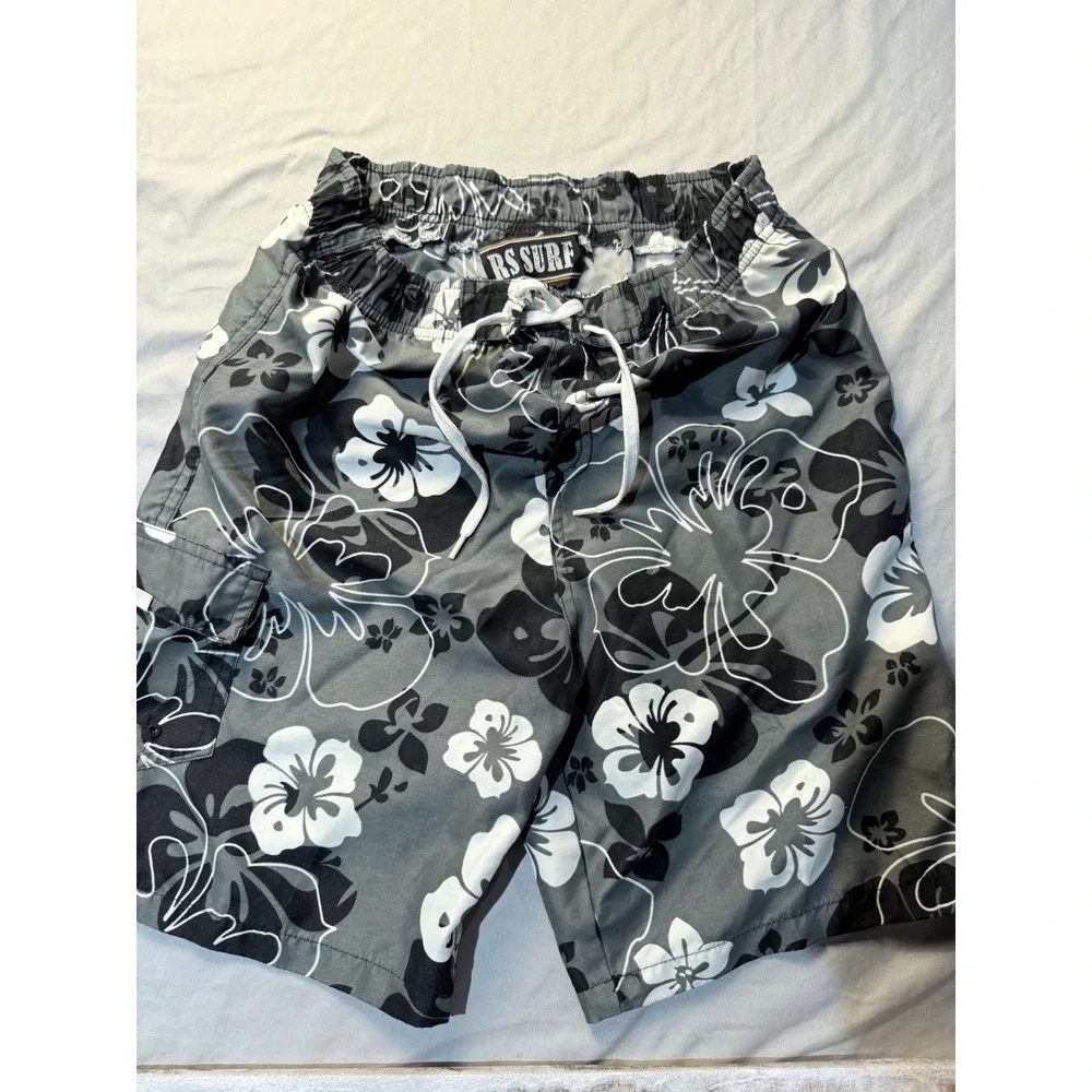 RS Surf Boys Swim Trunks Black Grey‎ Floral Hibiscus Board Shorts Size 10-12 M